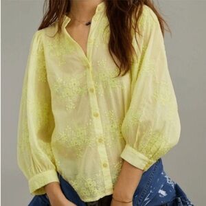 Anthropologie Pilcro Bella Femme Shirt Blouse 2X Yellow Embroidered Floral NWT